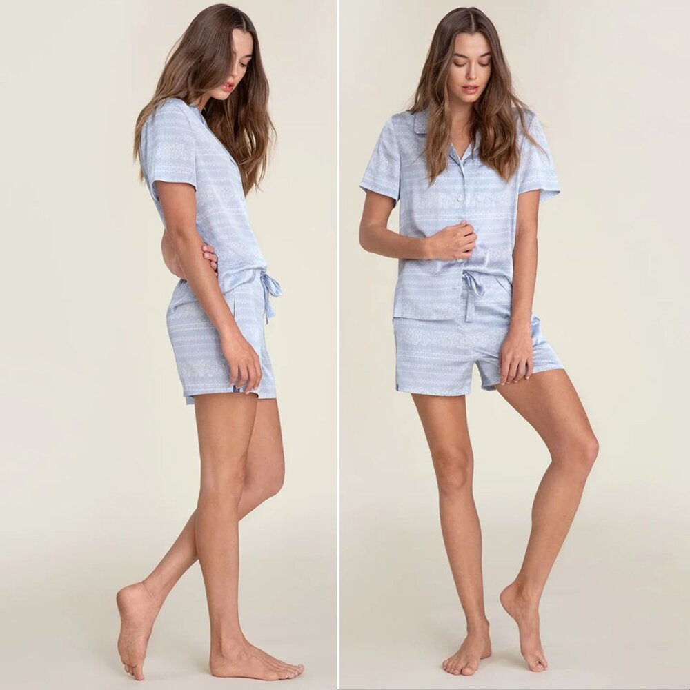 BAREFOOT DREAMS Washed Satin PJ PAJAMA SET XL Shorts Shirt & Mask Blue NEW $142